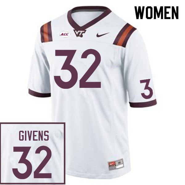 Women #32 Gunner Givens Virginia Tech Hokies College Football Jerseys Sale-White - Click Image to Close